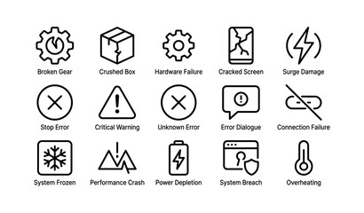Fototapeta premium Set of simple icons representing various technical issues and failures