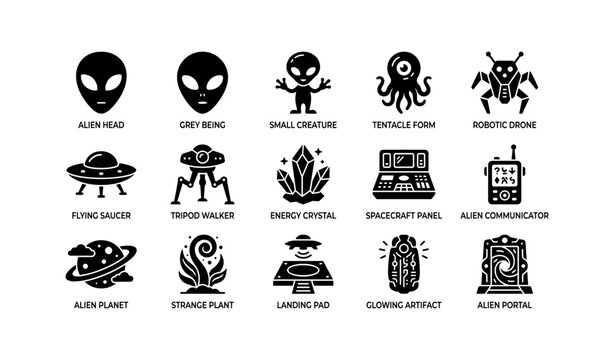 Alien icons collection: ufos, creatures, technology, and space elements
