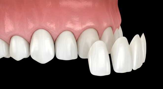 前歯に装着される歯科用ラミネートベニアとクラウンの3Dレンダリング、審美歯科の概念