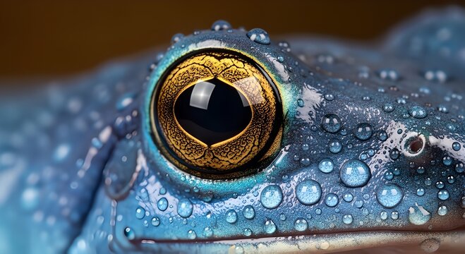 Intense macro view of a vibrant blue frog's ornate golden eye, covered in glistening water droplets, capturing the remarkable detail and unique texture of amphibian life