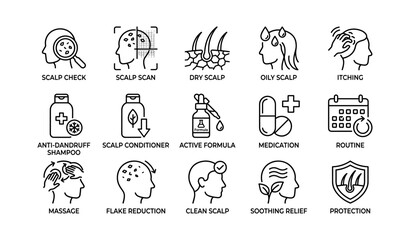 Fototapeta premium Scalp health icons: check, scan, dry, oily, itching, treatment guide