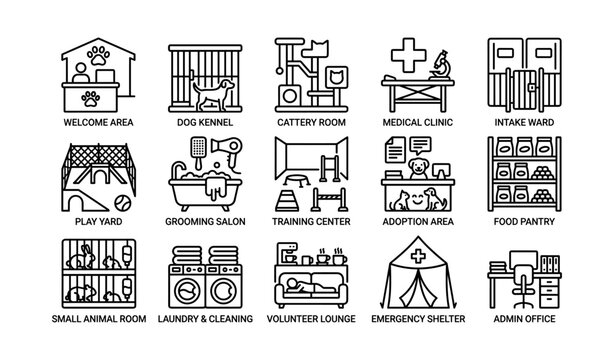 Animal shelter facilities icons: dog kennel, cattery room, medical clinic, adoption area