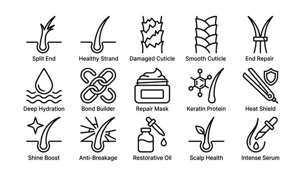 Hair care icons: split ends, cuticle smooth, deep hydration, repair mask, keratin protein