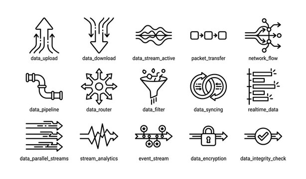 Data icons set: upload, download, stream, pipeline, encryption, analytics