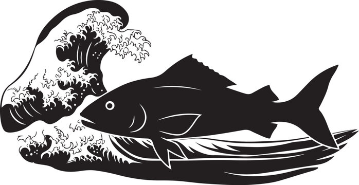 Black fish swimming under a large wave