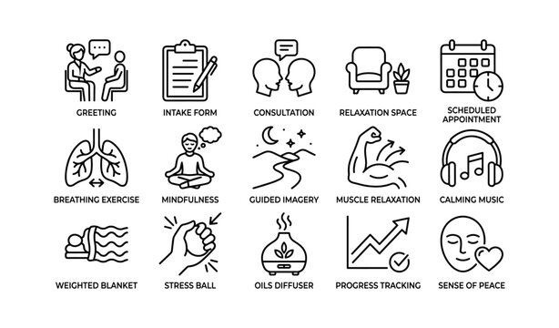 Wellness and relaxation techniques illustrated: mindfulness, breathing, guided imagery, calming music