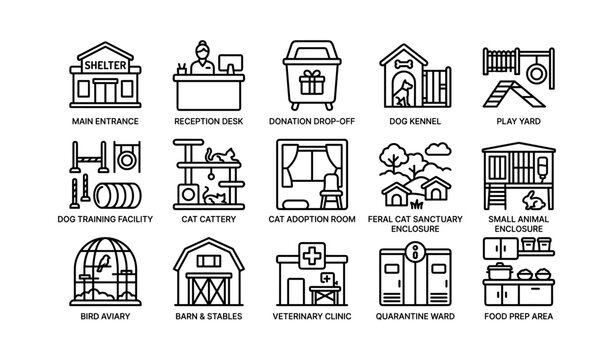 Animal shelter icons collection including cat kennel dog play yard and veterinary clinic