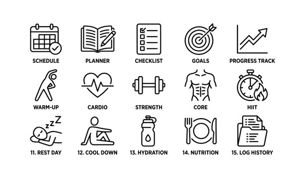 Comprehensive fitness routine icons: schedule, goals, cardio, strength, nutrition