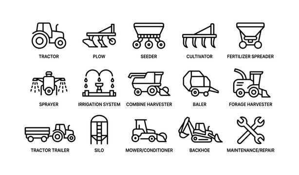 Agricultural machinery icons: tractor, plow, seeder, harvester, spreader