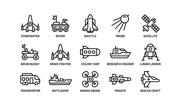 Futuristic space and exploration vehicle icons collection