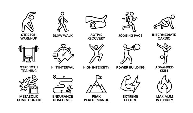 Fitness icons illustrating various training stages and activities