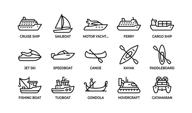 Collection of nautical vessel icons including cruise ship, sailboat, and kayak