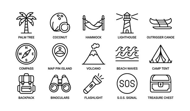 Beach adventure icons: palm tree, lighthouse, canoe, volcano, compass