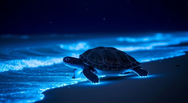 A majestic sea turtle emerges from the mesmerizing, glowing ocean waves onto a star-kissed beach at night, illuminated by natural bioluminescence