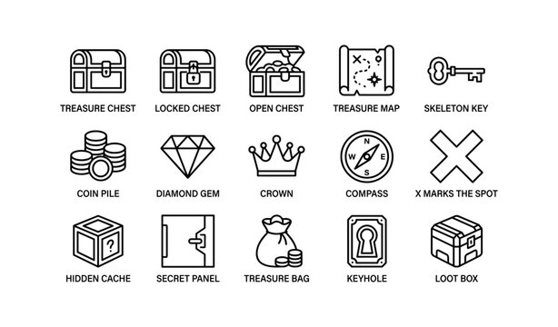 Treasure hunt icons: chest, map, key, coins, gem, crown, compass, loot box