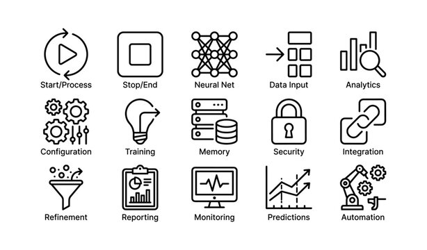Icons representing neural networks, data analytics, and automation processes