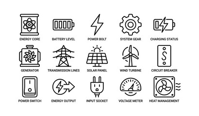 Fototapeta premium Energy management icons: power sources, charging, circuits, and output systems