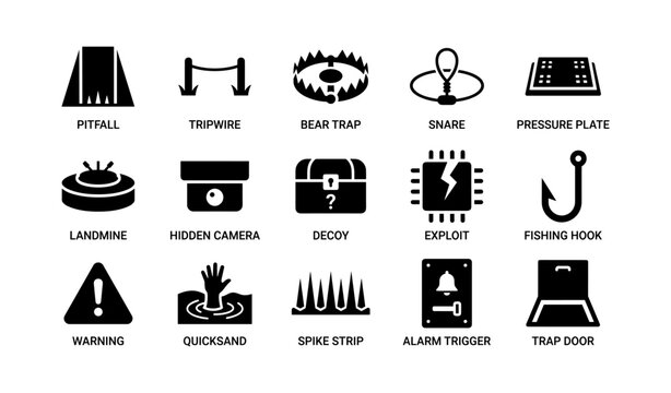 Set of iconic cartoonish trap symbols with pitfall and hidden camera illustrations