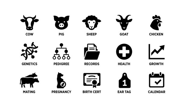 Farm animal management icons for genetics health and growth tracking