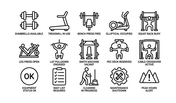 Gym equipment status icons: availability and maintenance indicators
