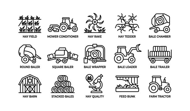 Farm equipment icons: baler, tractor, hay rake, and more