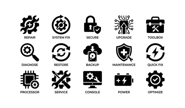 Technical support icons: repair, system fix, secure, upgrade, toolbox, quick fix