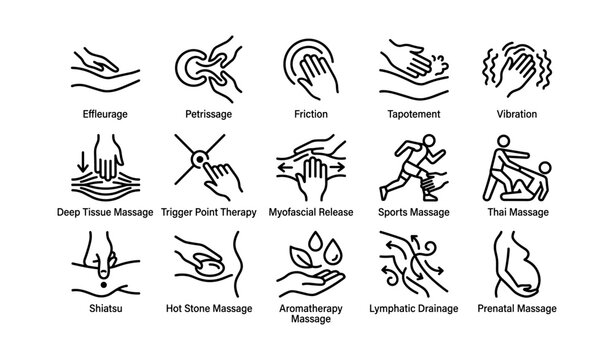 Illustrated massage techniques: effleurage, shiatsu, aromatherapy, prenatal, sports
