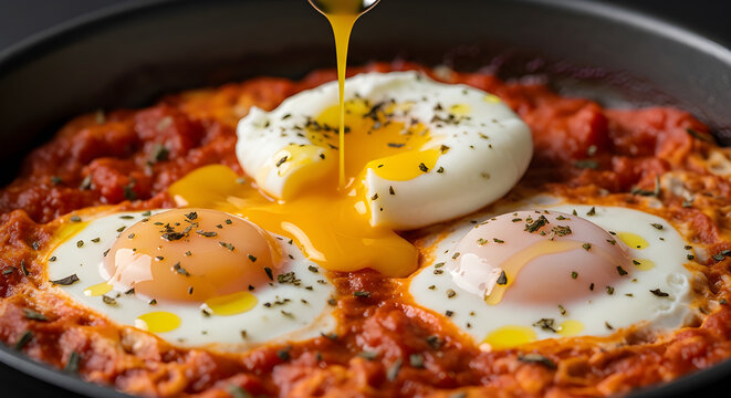 Delicious breakfast dish of fresh fried eggs in a frying pan served with gourmet bacon and healthy tomato for a tasty morning meal in a restaurant