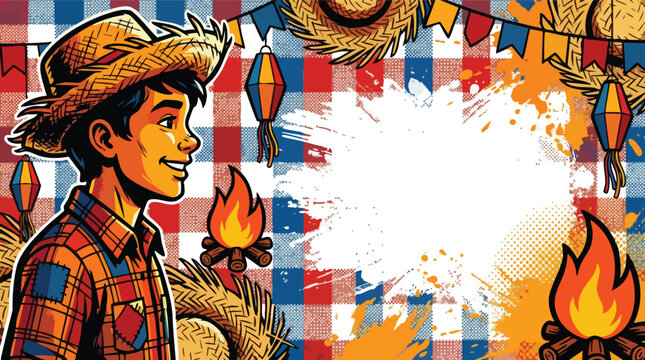 So Joo Celebration with Straw Hat Boy and Lanterns on Plaid Background
