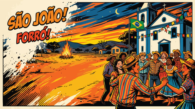 Sao Joao Festival Forro Celebration with Dancing Crowd and Church