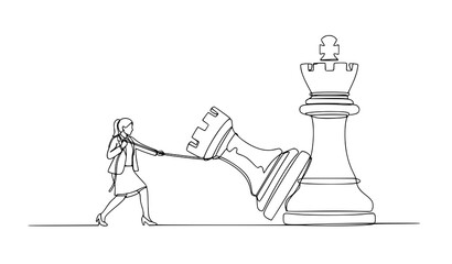 One line drawing businesswoman dragging rook chess piece strategic competition concept vector illustration © MdAiyub