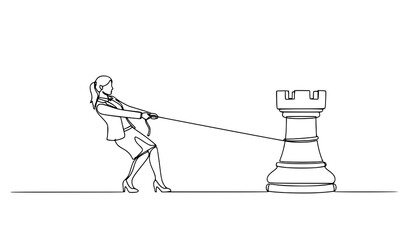 Minimalist continuous line businesswoman pulling chess rook business strategy success vector illustration © MdAiyub