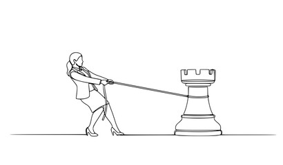 Continuous line drawing businesswoman pulling rook chess strategy goal achievement concept vector © MdAiyub