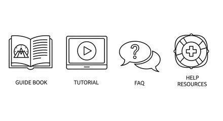 Obraz premium Set of minimalist line icons for guide book, tutorial video, FAQ questions, and help resources.