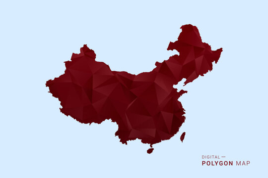 China Map - Low poly polygon map in deep red gradient on light blue background, modern minimal geometric design, vector illustration with faceted triangulated style.