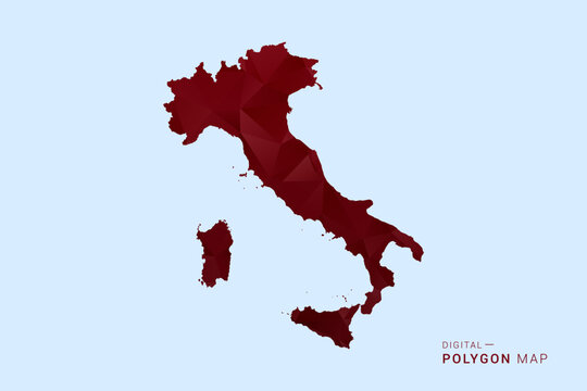 Italy Map - Low poly polygon map in deep red gradient on light blue background, modern minimal geometric design, vector illustration with faceted triangulated style.