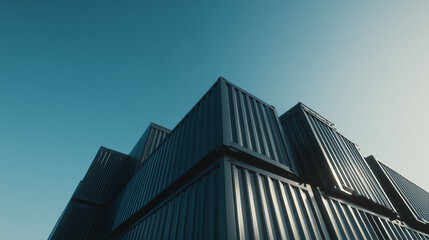 Fototapeta premium Stacked black shipping containers under clear sky in industrial port, showcasing logistics, cargo transport, and global trade infrastructure.
