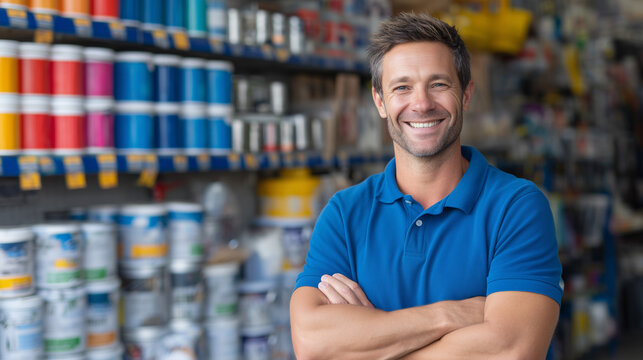 Smiling young male hardware store owner standing in shop, confident and friendly, surrounded by tools and equipment, representing small business success.