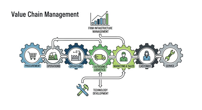 Value chain management infographic showing business process stages and operations