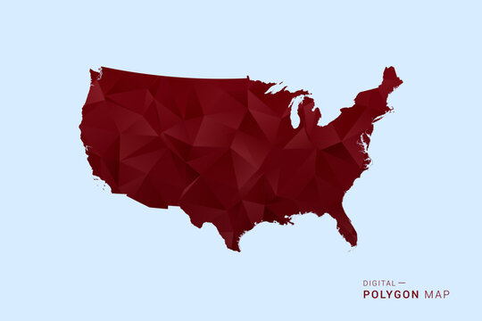 United State of America Map - Low poly polygon map in deep red gradient on light blue background, modern minimal geometric design, vector illustration with faceted triangulated style.