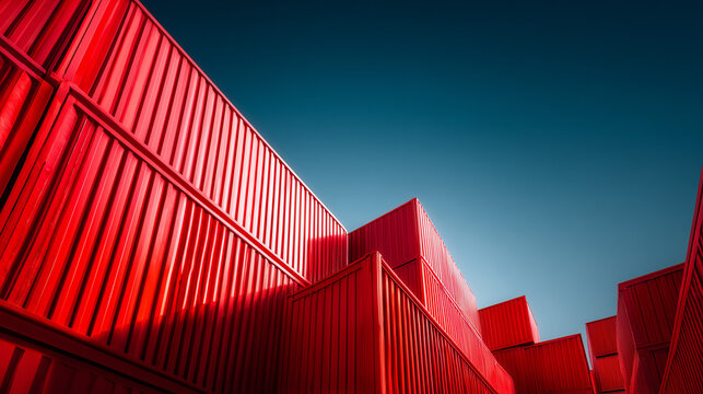Stacked red shipping containers in an industrial yard under clear blue sky, symbolizing global trade, logistics, cargo transport, and modern supply chain infrastructure.