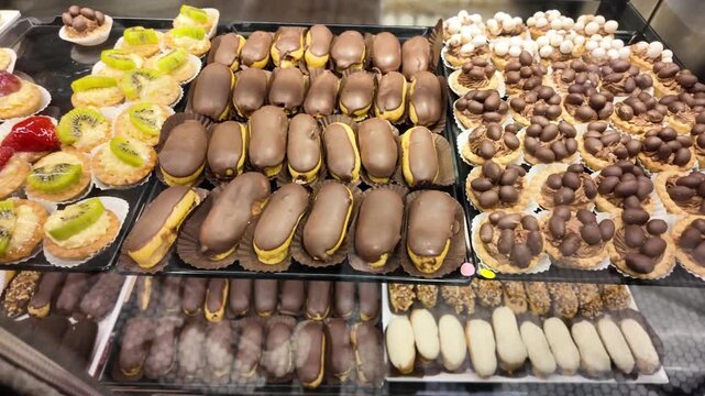 Assortment of delicious pastries and desserts arranged in a display case for sale.