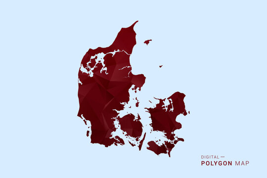 Denmark Map - Low poly polygon map in deep red gradient on light blue background, modern minimal geometric design, vector illustration with faceted triangulated style.