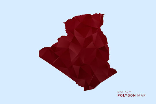 Algeria Map - Low poly polygon map in deep red gradient on light blue background, modern minimal geometric design, vector illustration with faceted triangulated style.