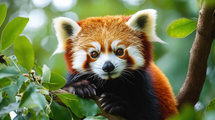 Obraz premium Adorable Red Panda Sitting on a Tree Branch Surrounded by Lush Green Leaves