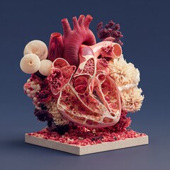 Intricate 3D Anatomical Heart Sculpture with Organic Floral Textures, Detailed Veins and Chambers, Vibrant Red and Cream Tones, Medical Concept Art