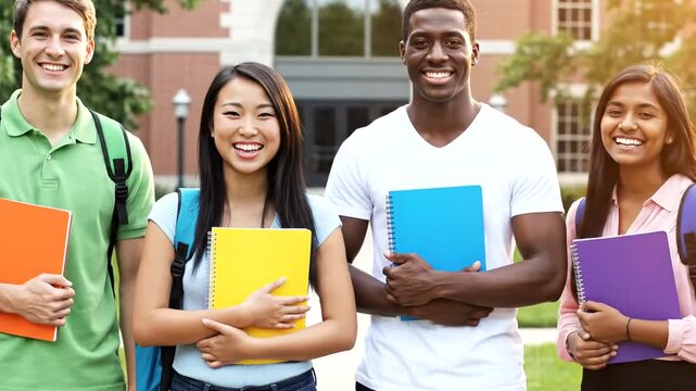 Diverse group of young students smiling.