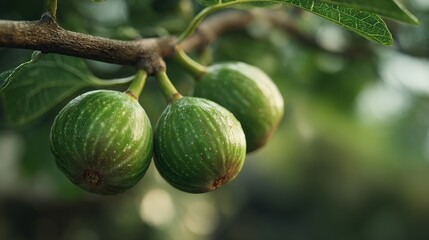 Fototapeta premium Fresh Green Figs Growing on Tree Branch in Natural Garden