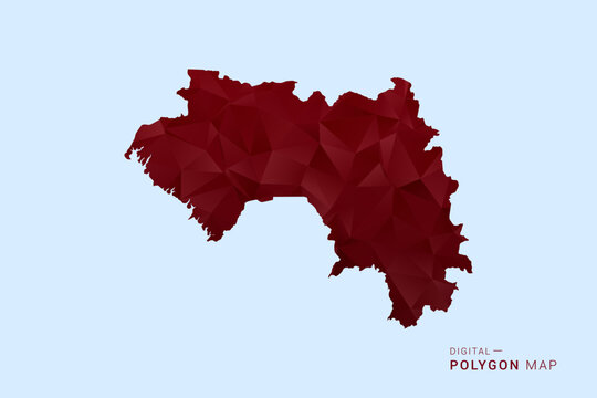 Guinea Map - Low poly polygon map in deep red gradient on light blue background, modern minimal geometric design, vector illustration with faceted triangulated style.