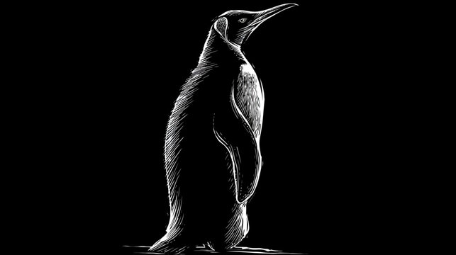 A stark, illustrative rendering of a penguin, defined by white linework on a black background